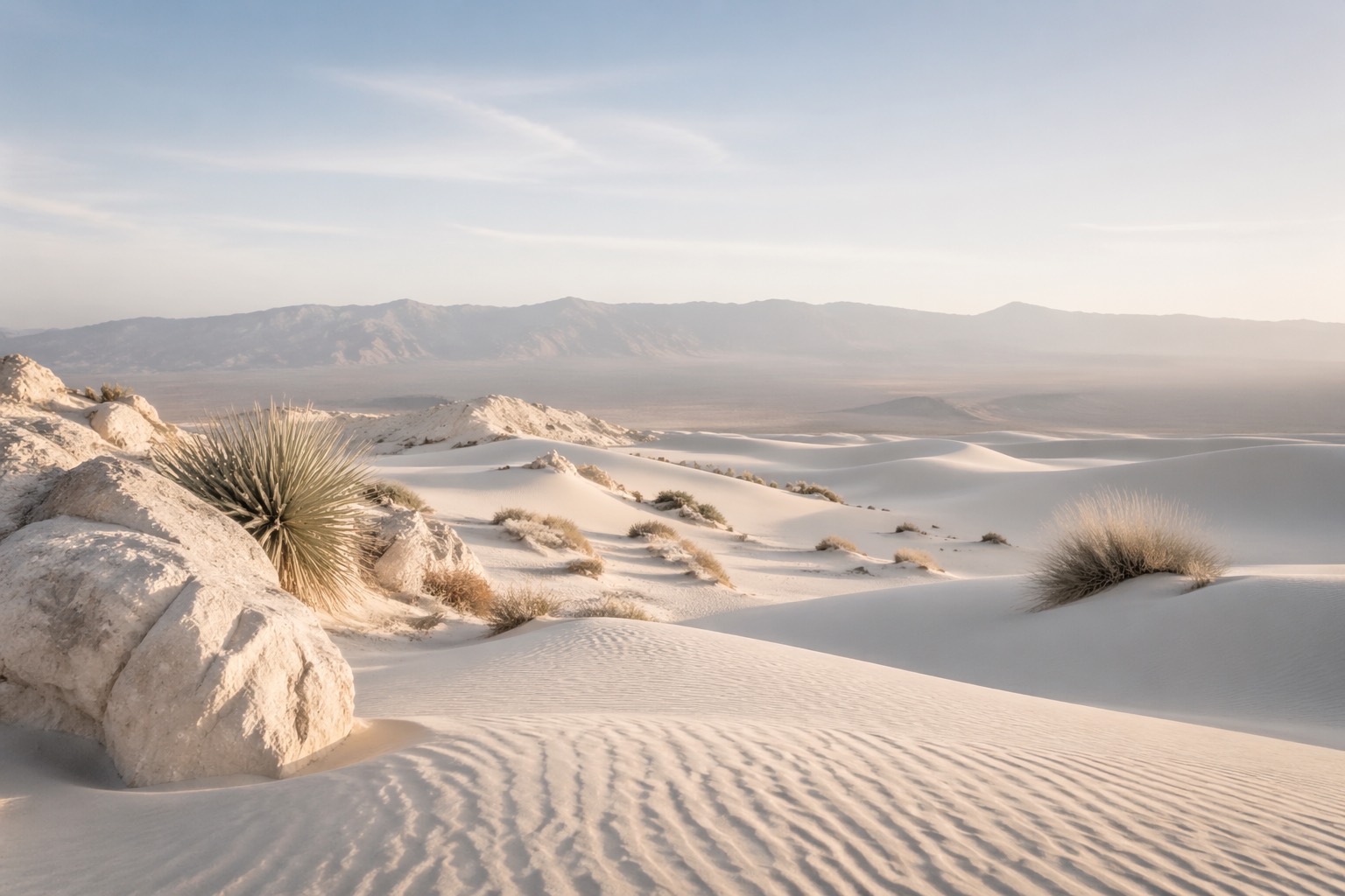 Soft desert dunes with pale sand, plants, and mountains in the distance.
