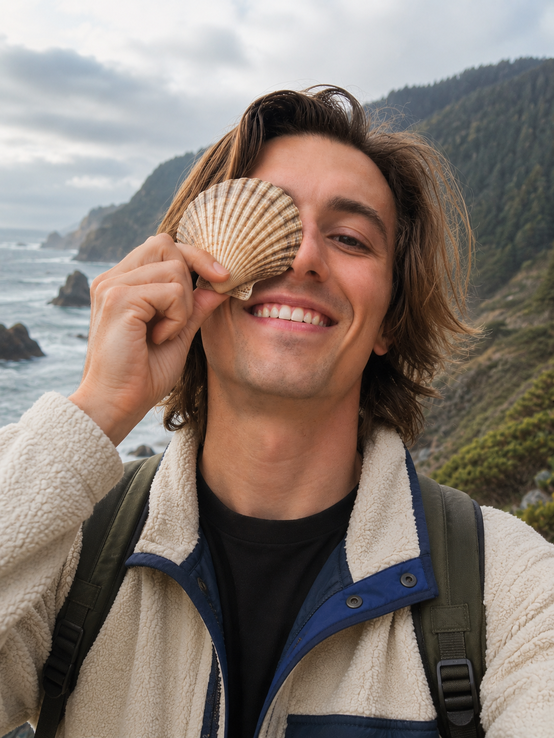 Jasper smiling on a coastal trail while holding a shell over one eye.